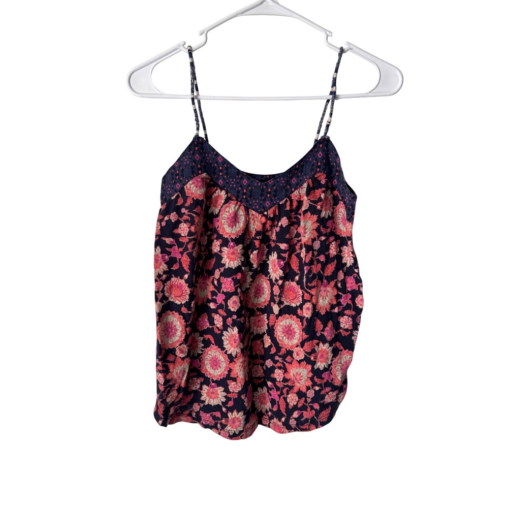 Lucky Brand Floral Camisole Top Navy Pink Orange Boho V-Neck XS